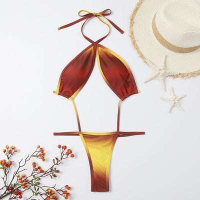 Brown and yellow ombre halter bikini with a split top and thong bottom, displayed on a white background.
