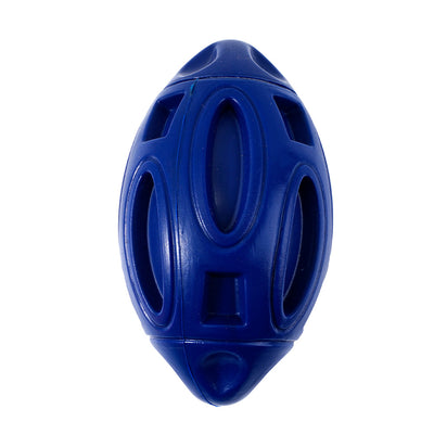 Orange rubber dog toy shaped like a rugby ball with hollowed-out sections, designed for wear-resistant chewing. - Image 9