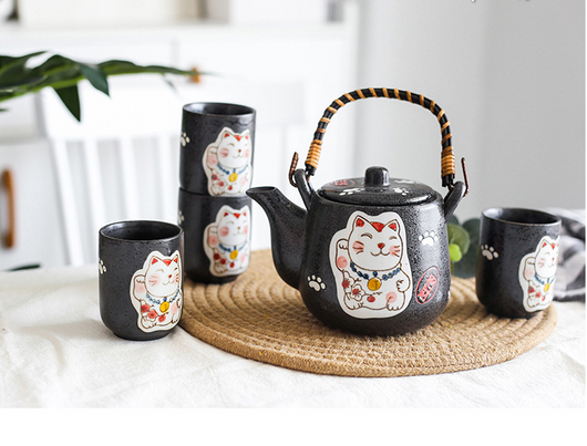 Juego de Té de Cerámica Gato de la Suerte Pintado a Mano - Tetera y 4 Tazas Negro - Image 5