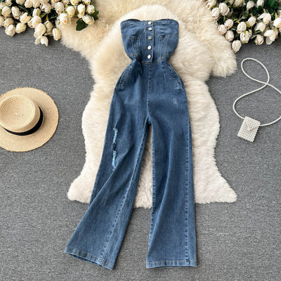 Pantalón Palazzo Denim de Cintura Alta con Top Tubo para Primavera y Verano