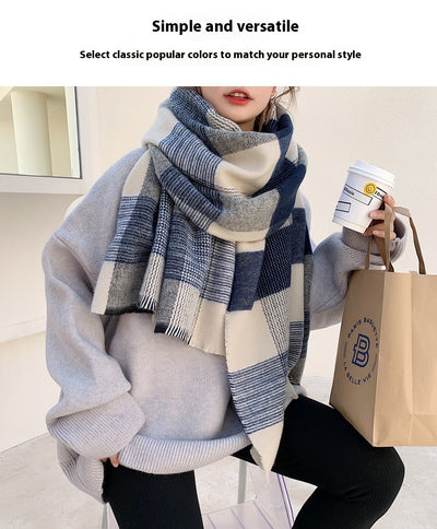 Bufanda Cuadriculada Blanca y Azul Estilo Japonés para Mujer - Image 7
