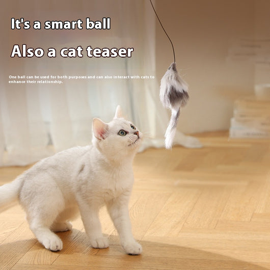 Blue and orange automatic pet toy ball with an attached plush mouse teaser featuring blue and orange fur and a light blue feather tail. - Image 5