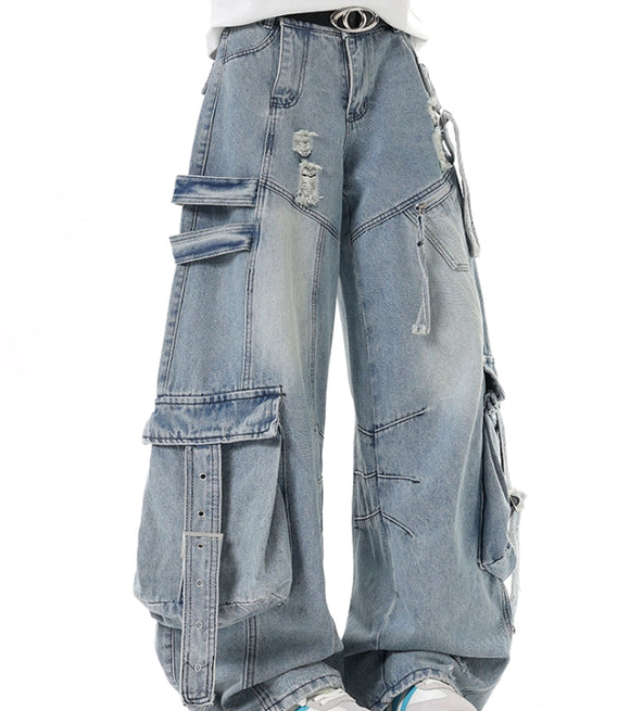 Pantalones Cargo Denim Deconstruidos Estilo Americano Unisex