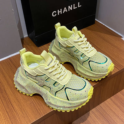 Zapatillas Deportivas Plataforma Gruesa para Mujer con Brillo y Cristales - Amarillo Claro - Image 35