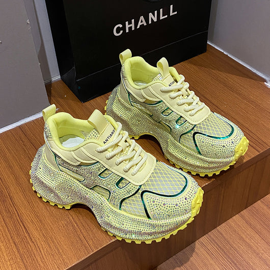 Zapatillas Deportivas Plataforma Gruesa para Mujer con Brillo y Cristales - Amarillo Claro - Image 35