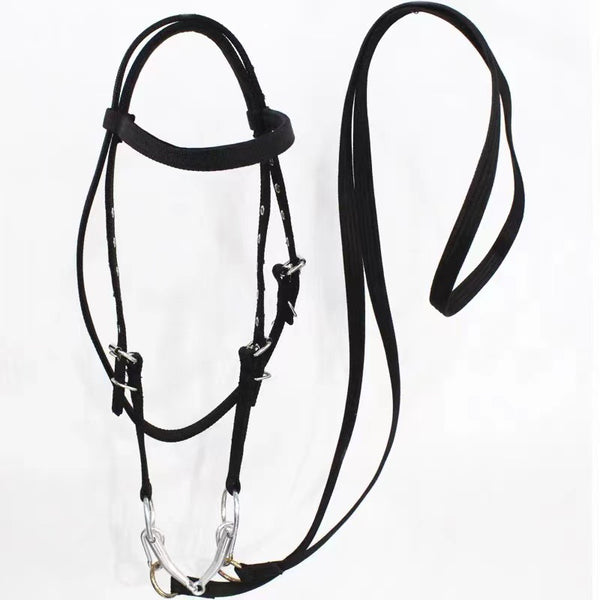 Black horse halter rope with silver metal hardware, designed for riding, displayed against a white background. - Image 5