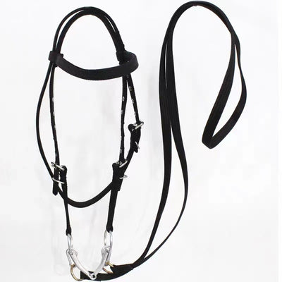 Black horse halter rope with silver metal hardware, designed for riding, displayed against a white background. - Image 5