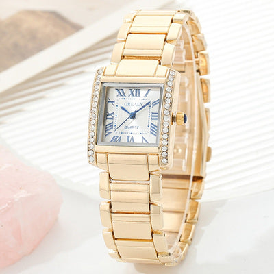 Reloj de Mujer Rectangular Elegante con Números Romanos y Detalles de Diamantes
