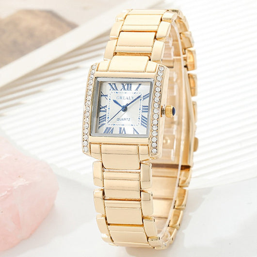 Reloj de Mujer Rectangular Elegante con Números Romanos y Detalles de Diamantes