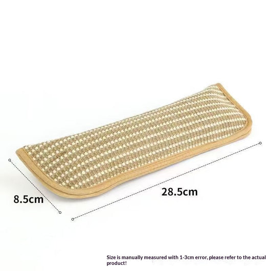Beige and off-white woven catnip pillow toy, 34cm long and 9.5cm wide, with soft beige trim. - Image 5
