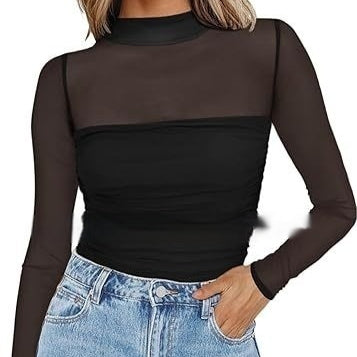 Top Sexy Cuello Malla con Detalles en Contraste - Image 2