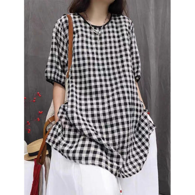 Camisa Cuadros Oversize Artística de Manga Tres Cuartos Estilo Vintage - Image 4