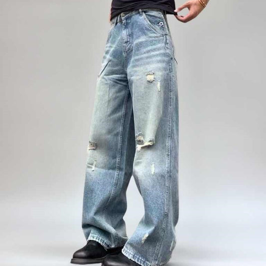 Jeans Rectos Holgados con Rotos Lavado Agua - Verano