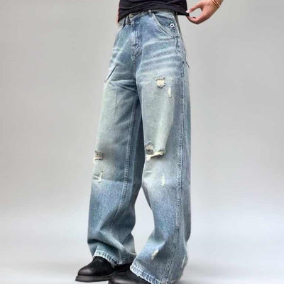 Jeans Rectos Holgados con Rotos Lavado Agua - Verano