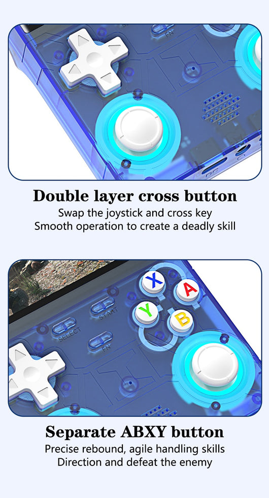White handheld game console with a 4-inch HD screen, dual joysticks, and various buttons, shown with blue, black, and purple variants. - Image 25