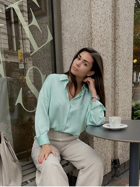 Blusa Suelta de Lino Drapeado, Lujo Francés Minimalista para Mujer