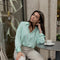 Blusa Suelta de Lino Drapeado, Lujo Francés Minimalista para Mujer