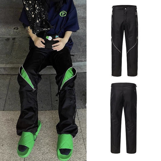 Pantalones Casuales Rectos Negros con Contraste Verde