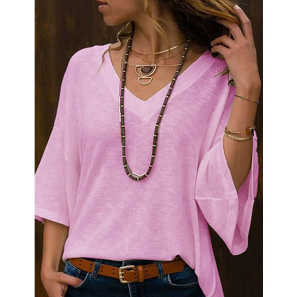 Blusa Suéter Clásico Cuello V Manga Media Talla Grande Mujer Holgado