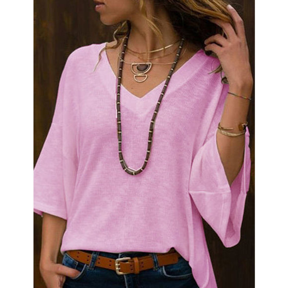 Blusa Suéter Clásico Cuello V Manga Media Talla Grande Mujer Holgado