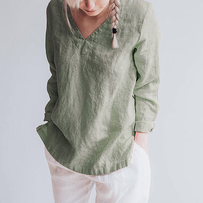 Blusa de Lino Puro Cuello V Manga Larga para Mujer