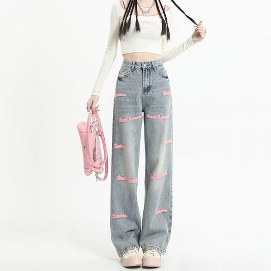 Jeans Rectos con Bordado de Letras Europeas