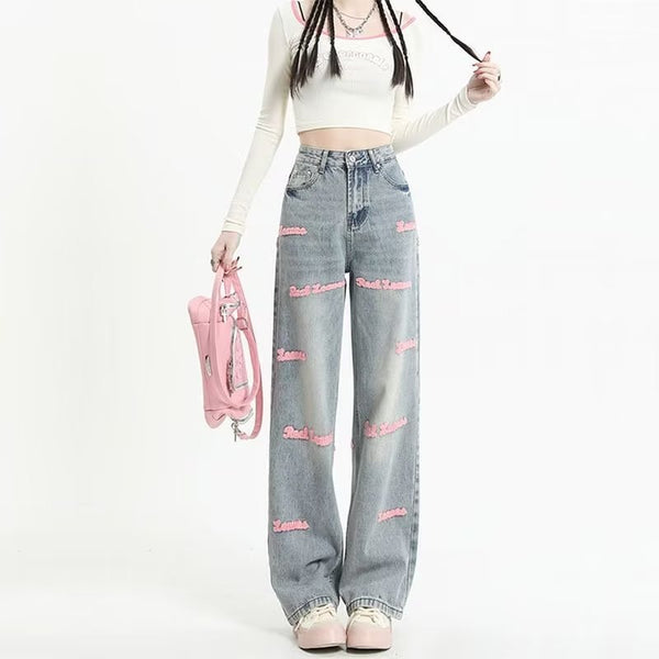 Jeans Rectos con Bordado de Letras Europeas