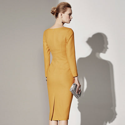 Vestido Ejecutivo Amarillo con Cintura Definida - Image 3