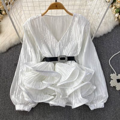 Blusa Suelta con Cuello V, Mangas Largas y Volantes en Bajo - Image 24