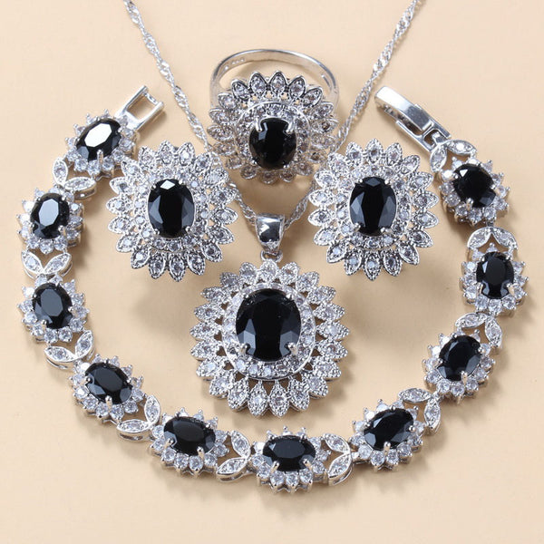 Conjunto de 4 Piezas: Anillo, Pulsera, Collar y Aretes de Granate con Circonia Cúbica