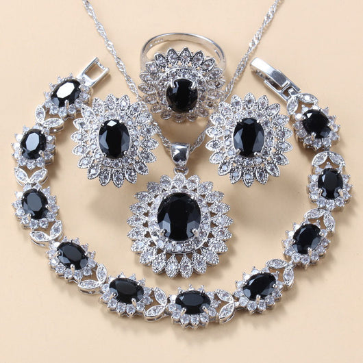 Conjunto de 4 Piezas: Anillo, Pulsera, Collar y Aretes de Granate con Circonia Cúbica