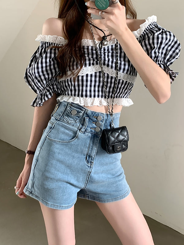 Shorts Jeans Cintura Alta Elásticos Skinny