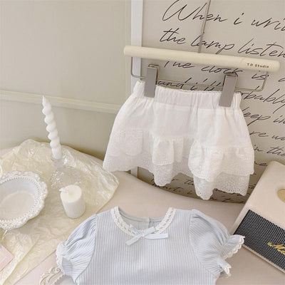 Conjunto Infantil Elegante Encaje Crema y Azul - Image 2
