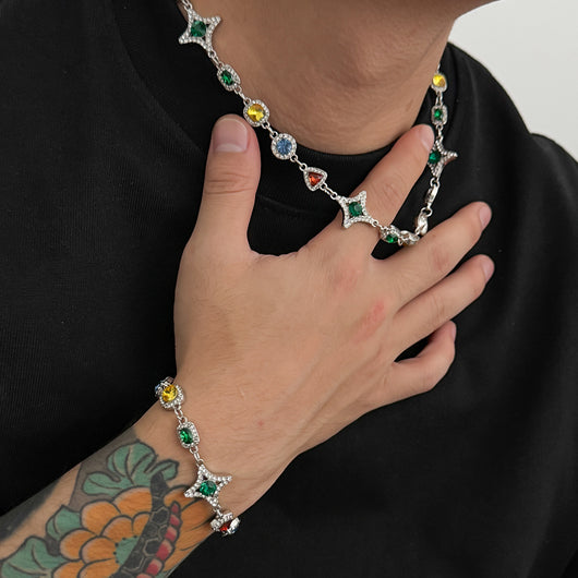 Collar Conjunto de Cruz y Estrella con Piedras de Gema Coloridas para Hombre - Image 12