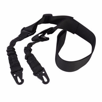 Black crossbody nylon strap with elastic sections, adjustable buckles, and two metal hooks for tension adjustment. - Image 2