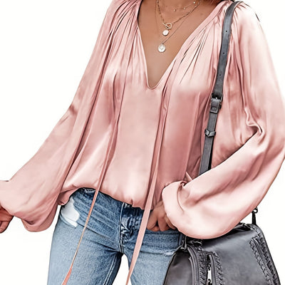 Blusa de Satén con Cuello en V y Mangas Largas para Mujer - Image 6