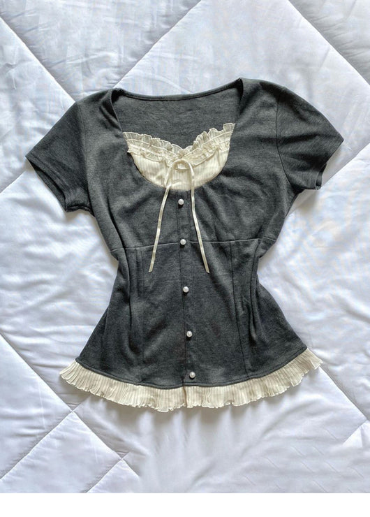 Blusa Femenina de Madera con Diseño de Empalme y Manga Corta - Image 9