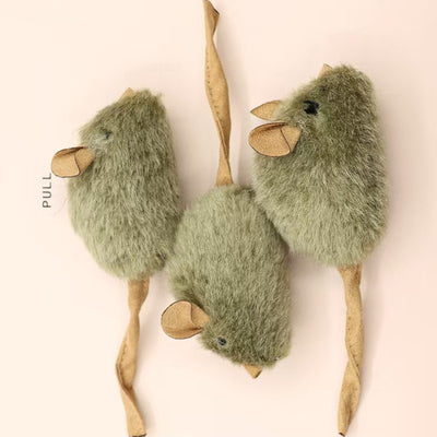 Three green plush mouse cat toys with tan ears and tails, one hanging upside down, against a white background. - Image 17