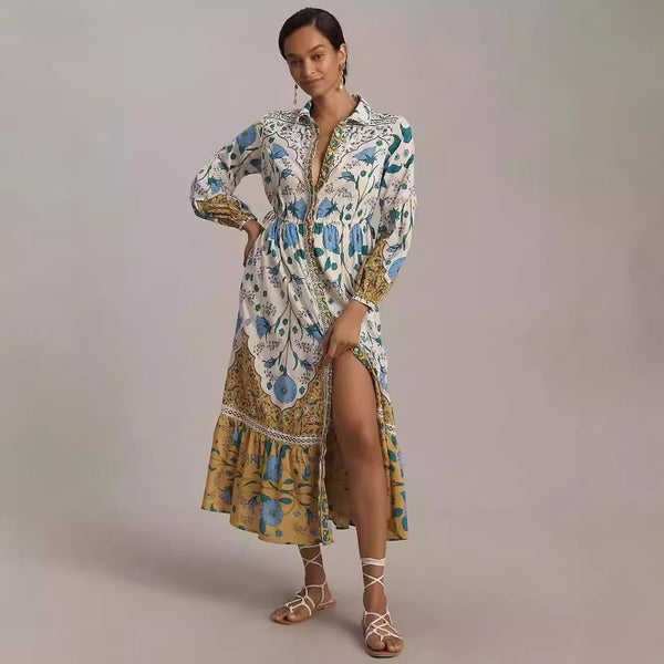 Vestido Camisero Floral de Manga Larga para Mujer