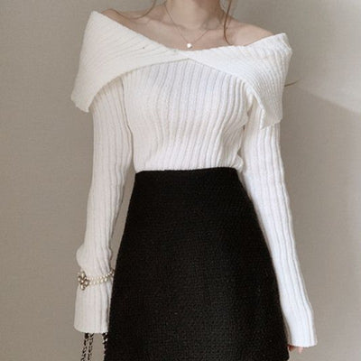 Blusa de Punto Elegante Escote V Hombros Descubiertos Ajustada - Image 6