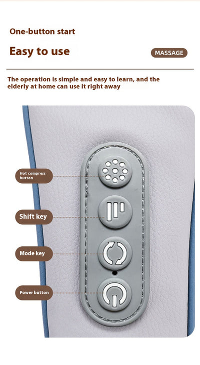 Light gray shoulder and neck massager with blue trim, control buttons, and hanging straps on a white background. - Image 17