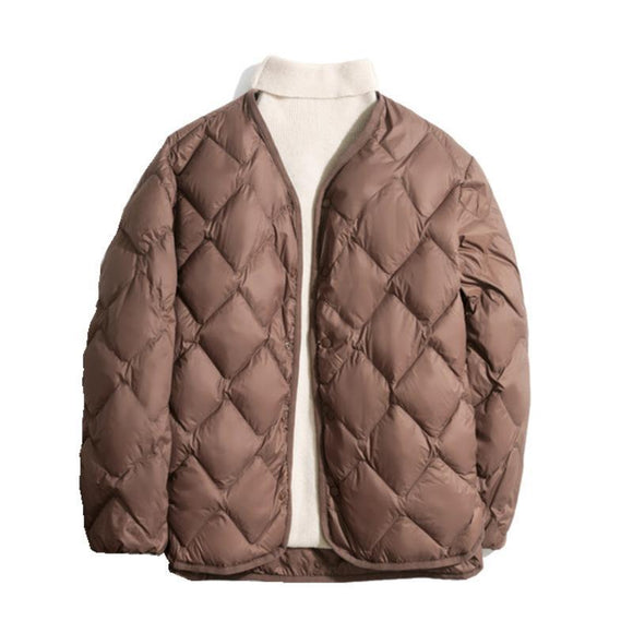 Jaqueta de plumas de pato branca plus size com gola V e design acolchoado