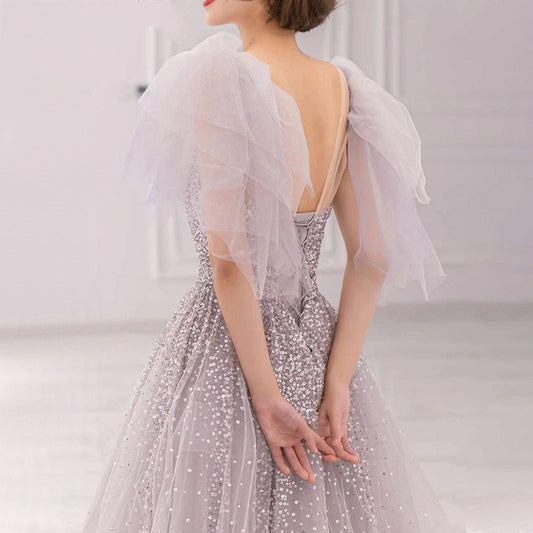 Vestido de Lujo Gris con Mangas Volantes - Elegancia Sofisticada para Eventos - Image 2