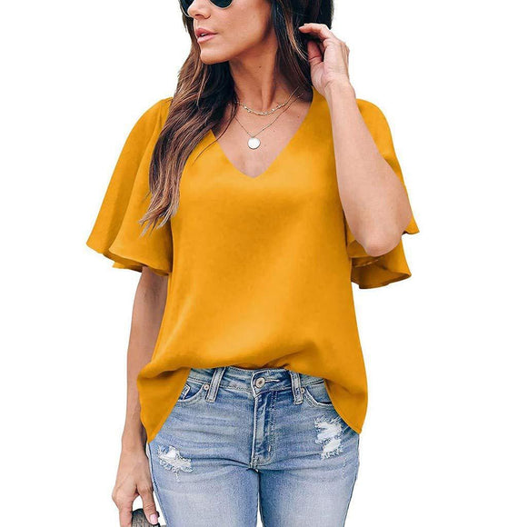 Blusa Suelta con Cuello en V y Mangas Volantes