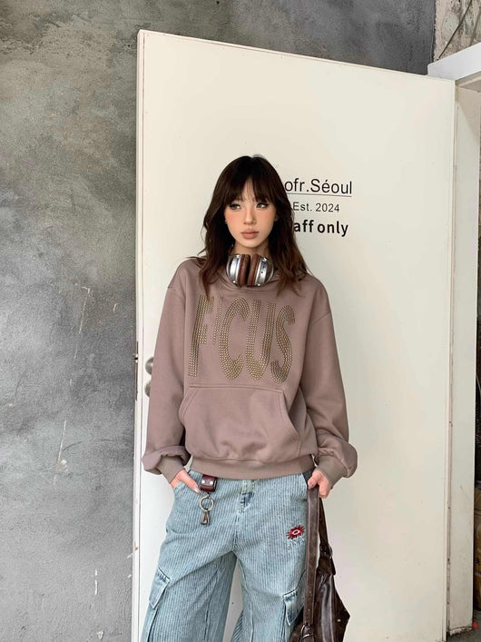 Sudadera Corta con Capucha y Letras de Cristales para Parejas - Image 14