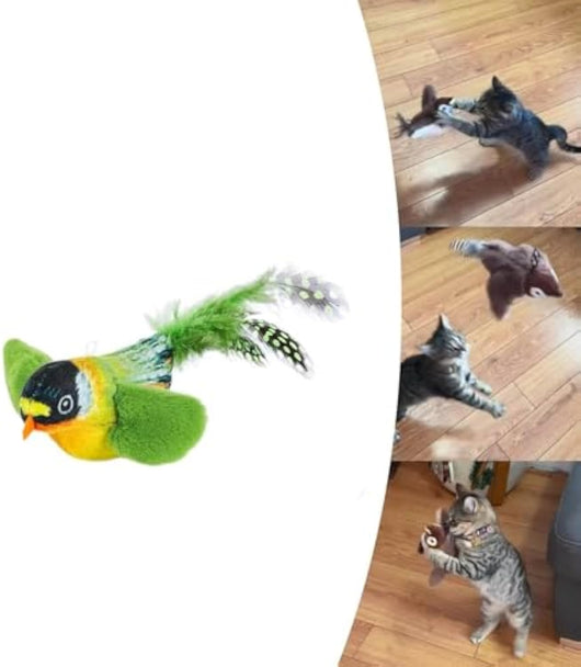 Colorful bird cat toy with green fluffy wings, black head, yellow face, orange beak, and spotted tail feathers. - Image 6