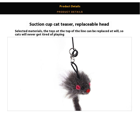 Cat sucker teaser toy with a blue butterfly, gray mouse, and light blue feathers on a black suction cup base. - Image 26