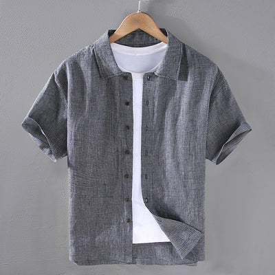 Camisa de Lino Cuadriculada Tejida para Hombre - Manga Corta - Image 6