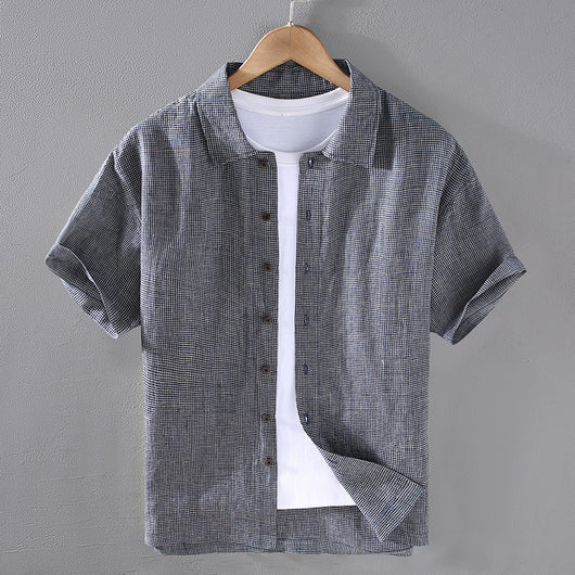 Camisa de Lino Cuadriculada Tejida para Hombre - Manga Corta - Image 6