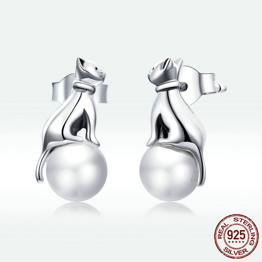 Aretes de Perla con Diseño de Gato Minimalista para Mujer - Image 5